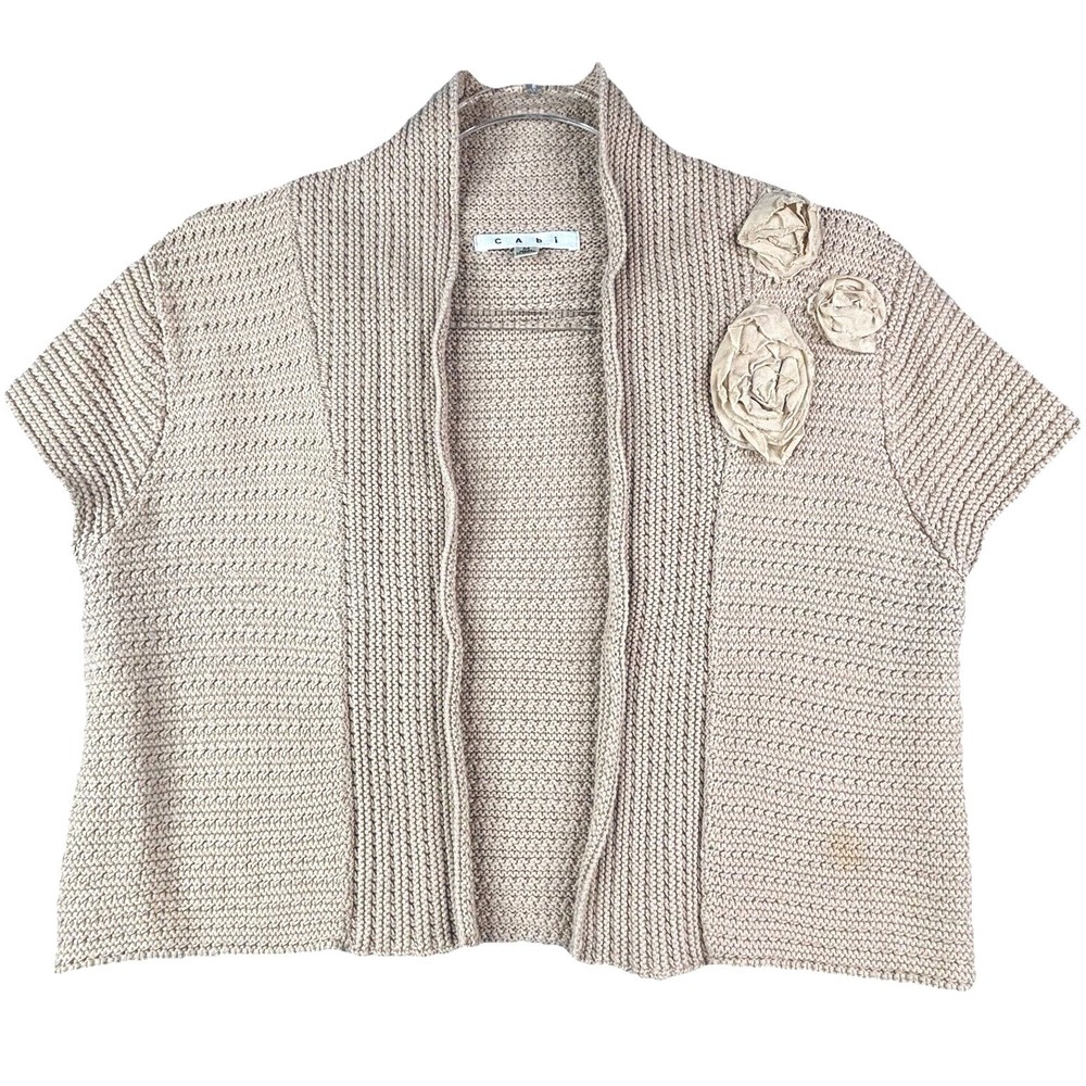 Cabi Womens size M Open Short Sleeve Knit‎ Shrug Cardigan Tan 3D Cropped Beige